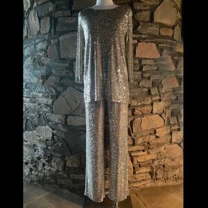 2 Pieces Caroline Rose Silver Sequin 3/4 Sleeve Tunic Top and Straight Leg Pant